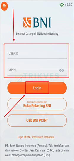 1. Masuk aplikasi BNI mBanking untuk melakukan deposit Tokocrypto