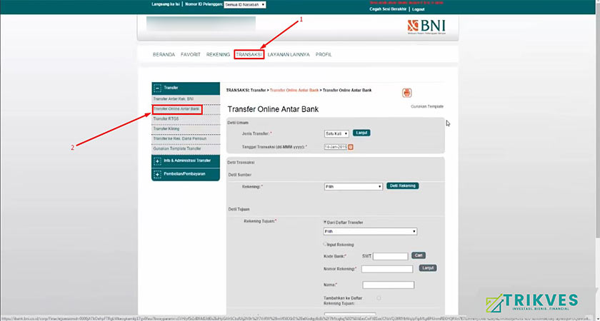 3. Pilih menu Transfer Online Antar Bank untuk deposit Tokocrypto dari BNI