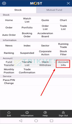 4. Pilih menu Account info pada aplikasi MOST