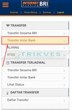 4. Selanjutnya, silahkan pilih menu Transfer Antar Bank dari iBanking BRI